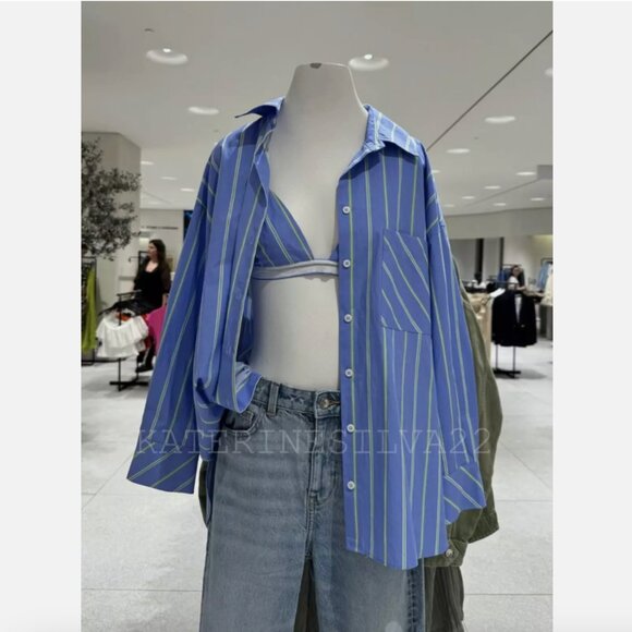 ZARA NEW SS24 BLUE WHITE STRIPED POPLIN SHIRT WITH BRALETTE 2637/268 xs - Picture 1 of 6